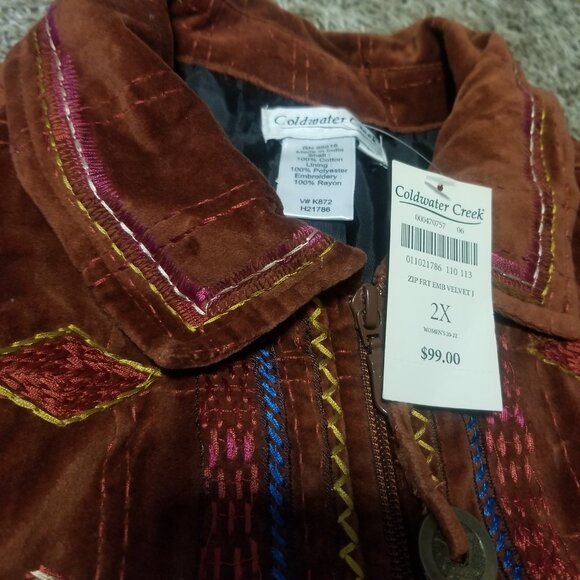 Coldwater Creek Embroidered Brown Velvet Zip Up Jacket - Picture 3 of 5